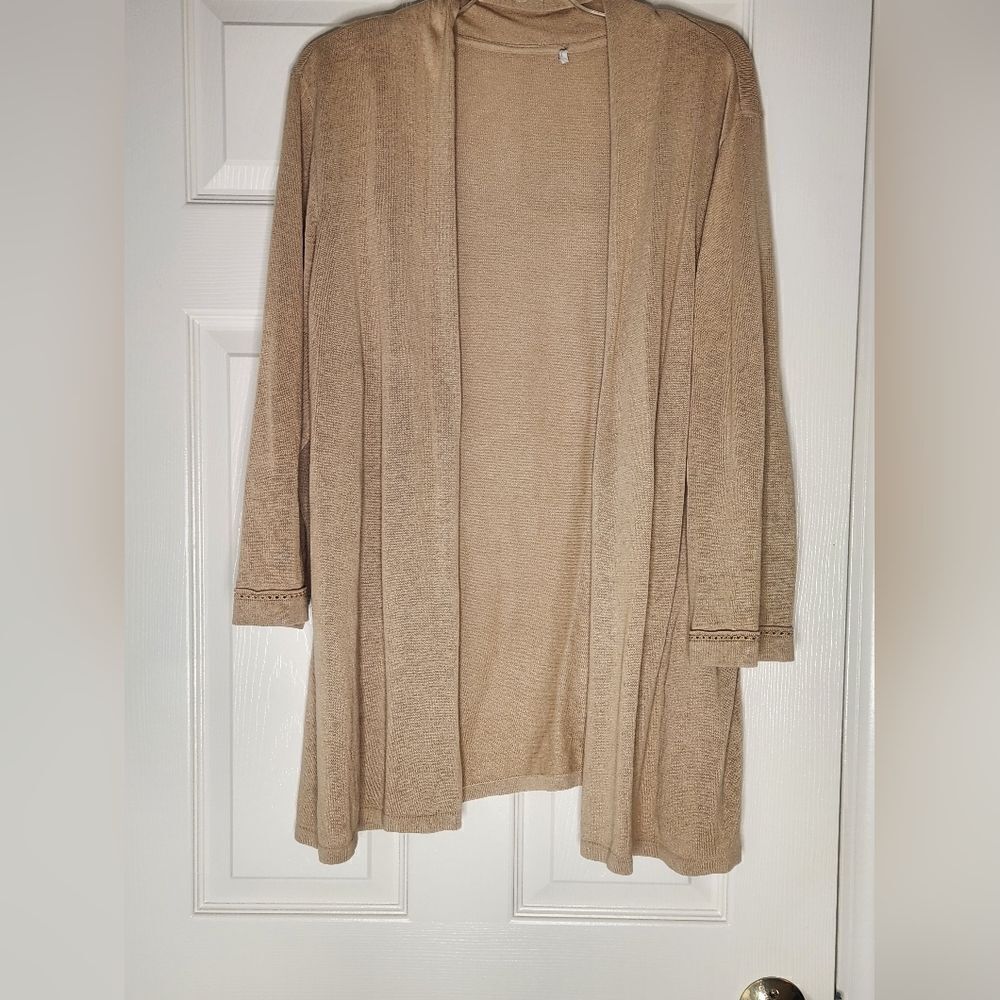 Unbranded L Tan 3/4 Sleeves Knit LINEN Blend Women’s Opened Cardigan